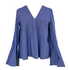 Zara Woman | Blue Checked Blouse w/ Ruffle Bell Sleeves